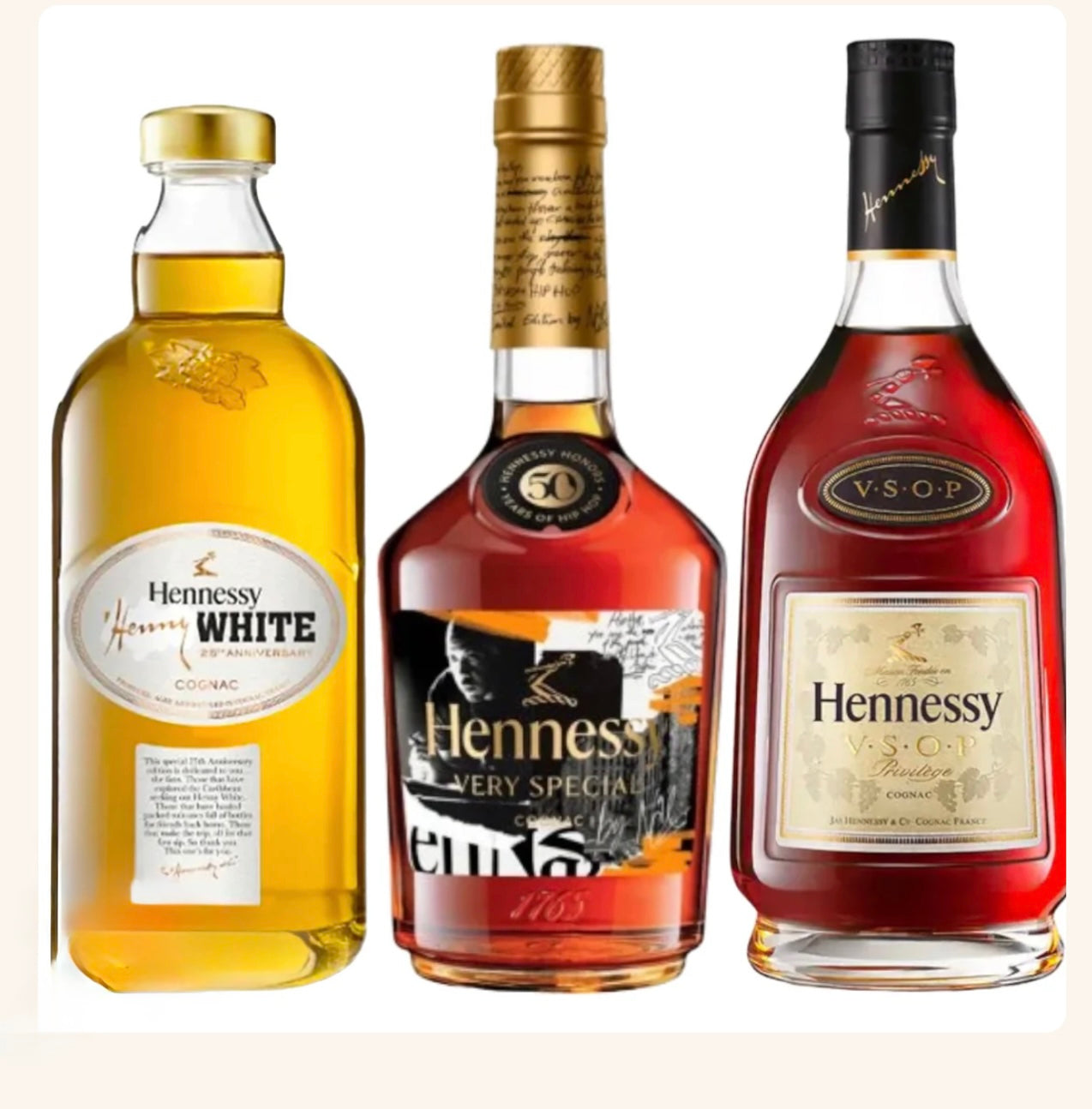 Hennessy White, Hennessy hip hop 50th Anniversary,& Hennessy VSOP. Bundles ( 3Packs x 750ml ).