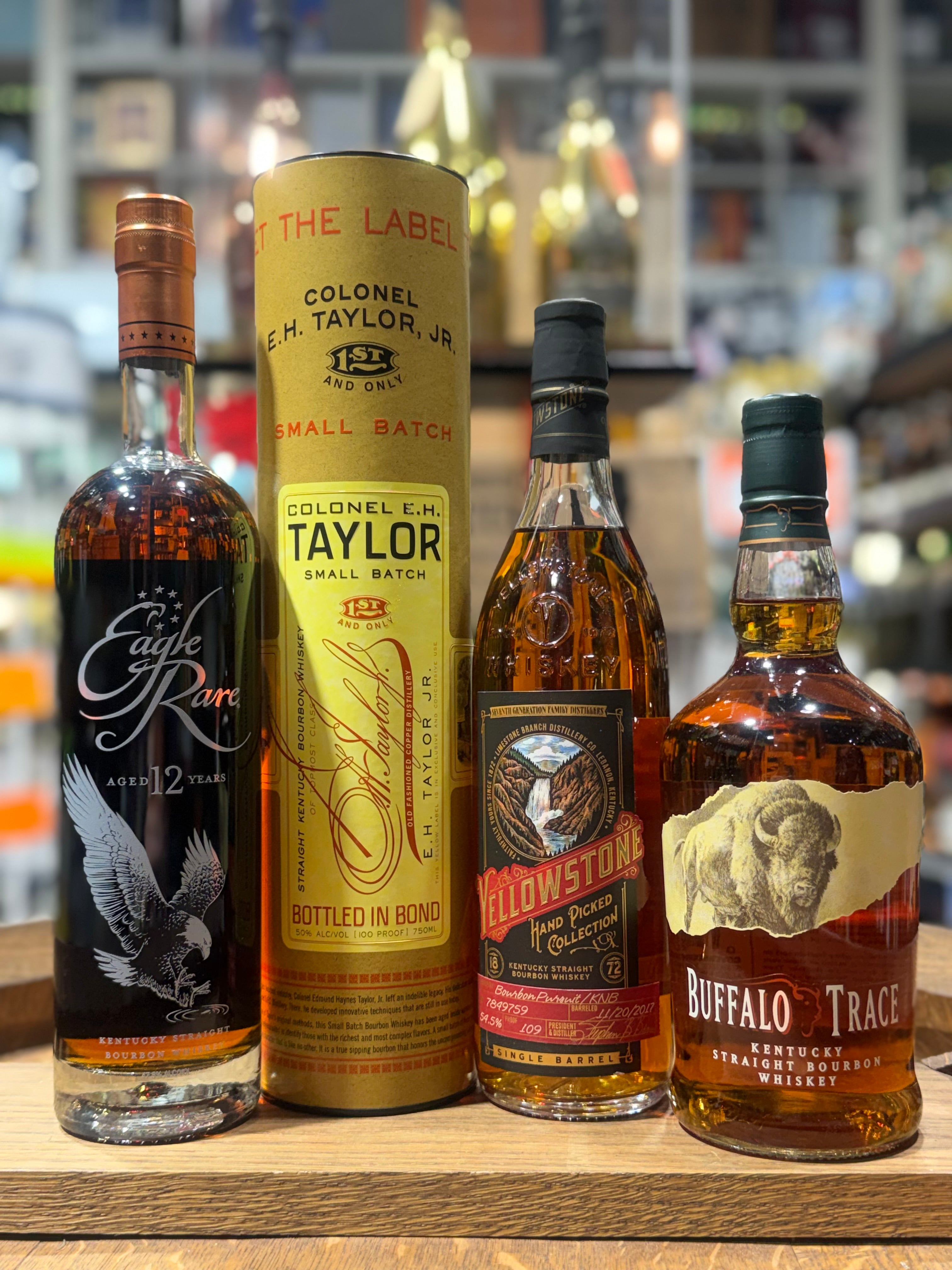 Eagle Rare 12-Year-Old (2025/2026 Release), Colonel E.H. Taylor, Jr. Small Batch, Yellowstone Hand Pick, and Buffalo Trace Bundle ( 4Packs x 750ml)