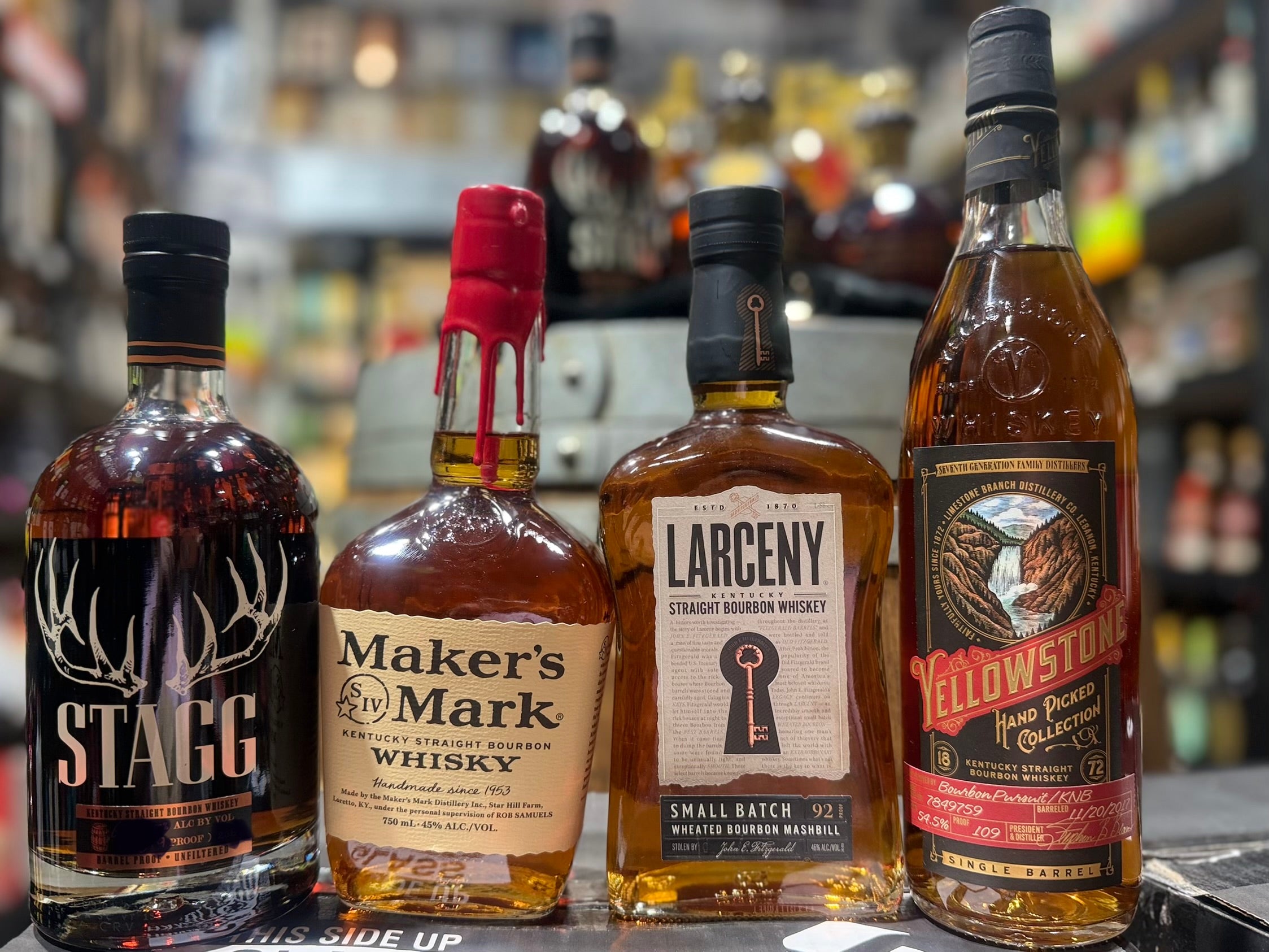 Stagg, Maker’s Mark, Larceny Small Batch & Yellowstone Hand Picked – Premium Bourbon Collection (4 × 750ml)