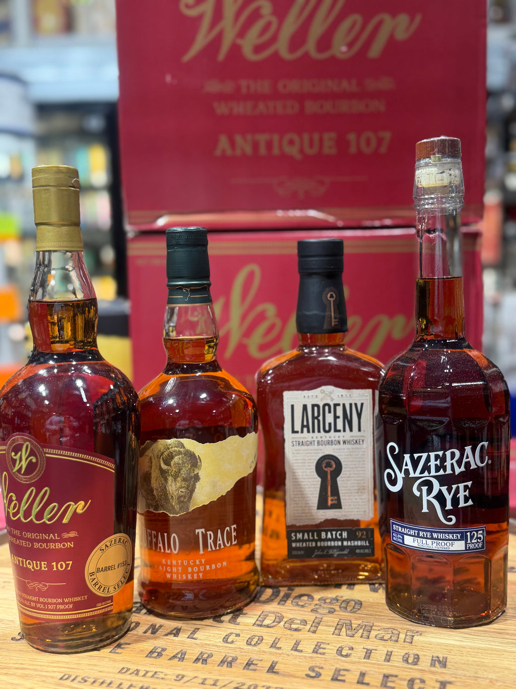 Weller Antique 107 Store Pick, Buffalo Trace, Larceny Small Batch & Sazerac Rye 125 Proof Whiskey Bundle (4 × 750 ml).