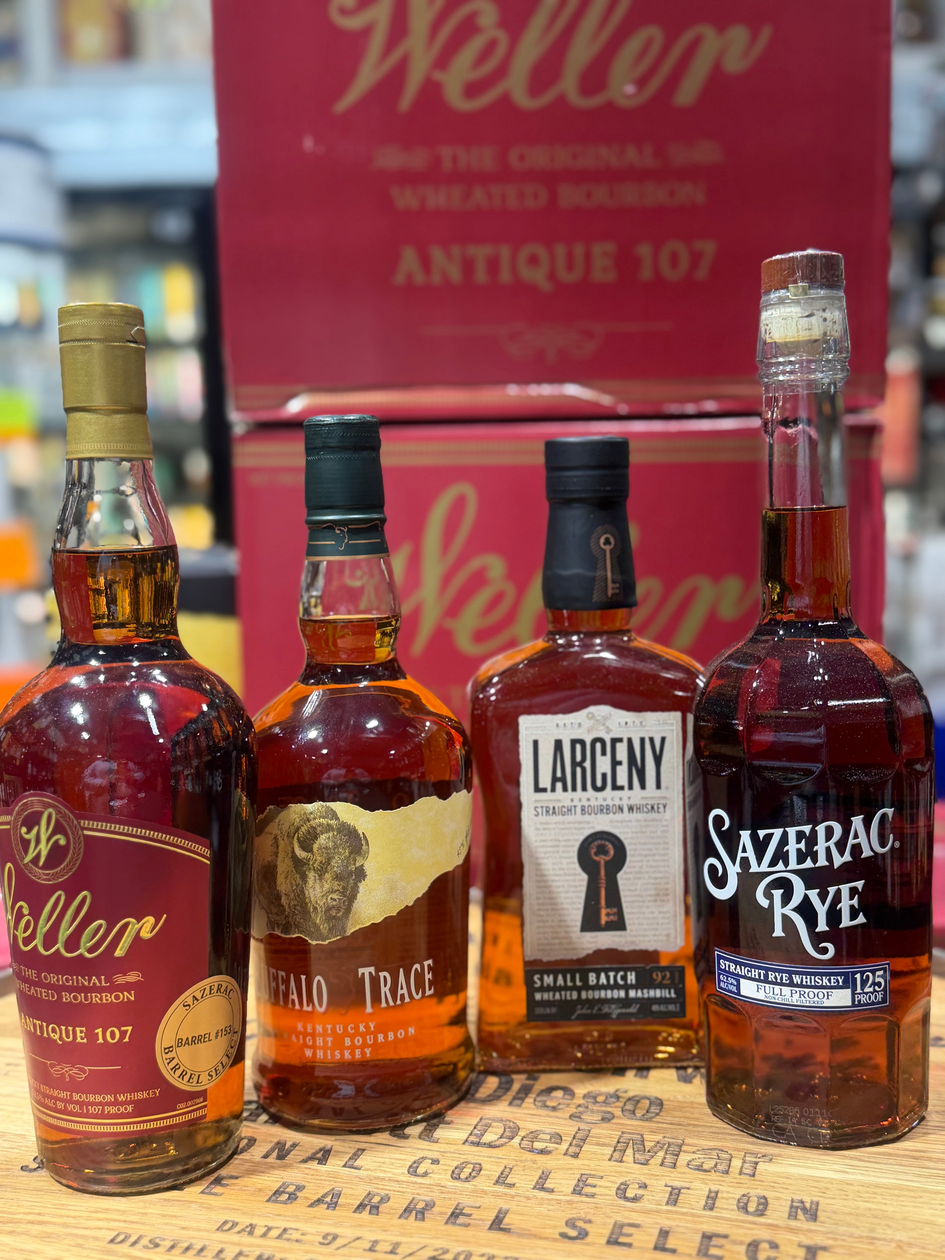 Weller Antique 107 Store Pick, Buffalo Trace, Larceny Small Batch & Sazerac Rye 125 Proof Whiskey Bundle (4 × 750 ml)