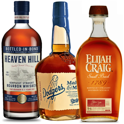 All-Star Bourbon Trio – Heaven Hill 7-Year, Maker’s Mark Dodgers 2025 & Elijah Craig Small Batch (3 x 750ml)