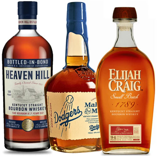 All-Star Bourbon Trio – Heaven Hill 7-Year, Maker’s Mark Dodgers 2025 & Elijah Craig Small Batch (3 x 750ml)