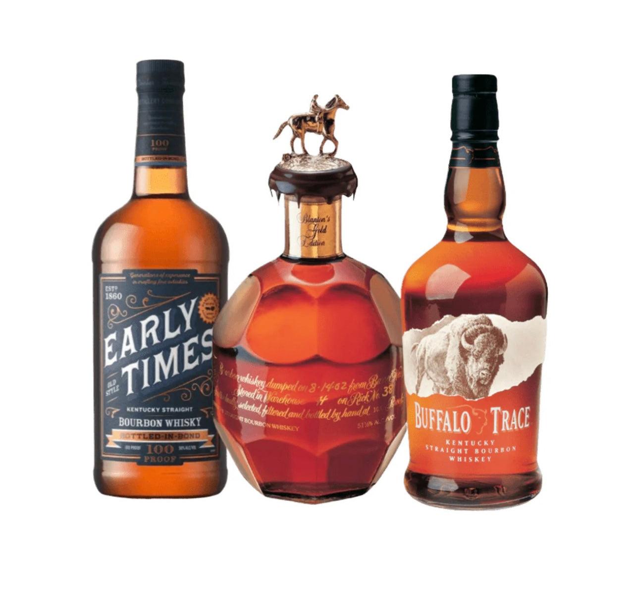 Blanton’s Gold, Early Times, and Buffalo Trace – Party Bundle (750ml + 1L + 750ml)