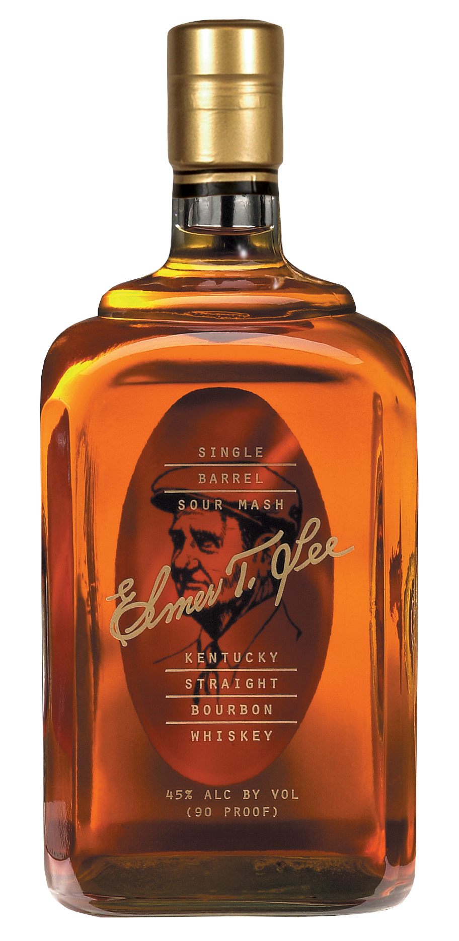 A bottle of Elmer T. Lee Kentucky Straight Bourbon Whiskey with a clear label and gold-colored cap.