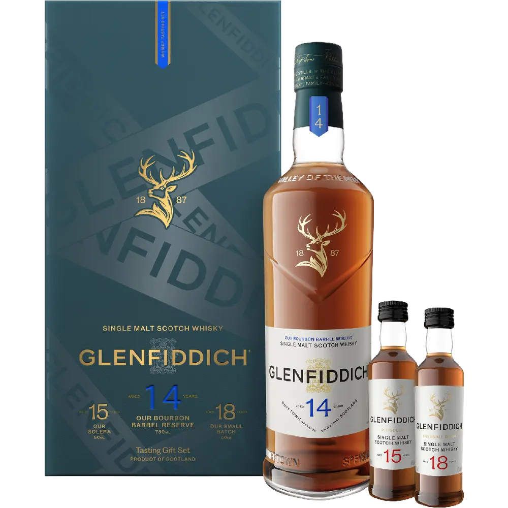 Glenfiddich 14 Year Single Malt Scotch Whisky 750ml Gift Set with 15 Year & 18 Year Miniatures (50ml Each)