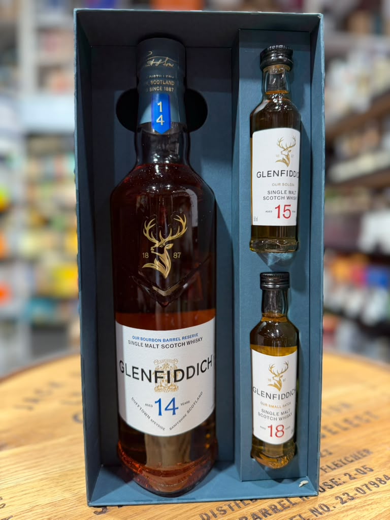 Glenfiddich 14 Year Single Malt Scotch Whisky 750ml Gift Set with 15 Year & 18 Year Miniatures (50ml Each)