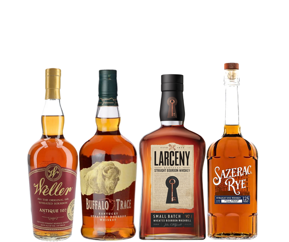 Weller Antique 107 Store Pick, Buffalo Trace, Larceny Small Batch & Sazerac Rye 125 Proof Whiskey Bundle (4 × 750 ml).