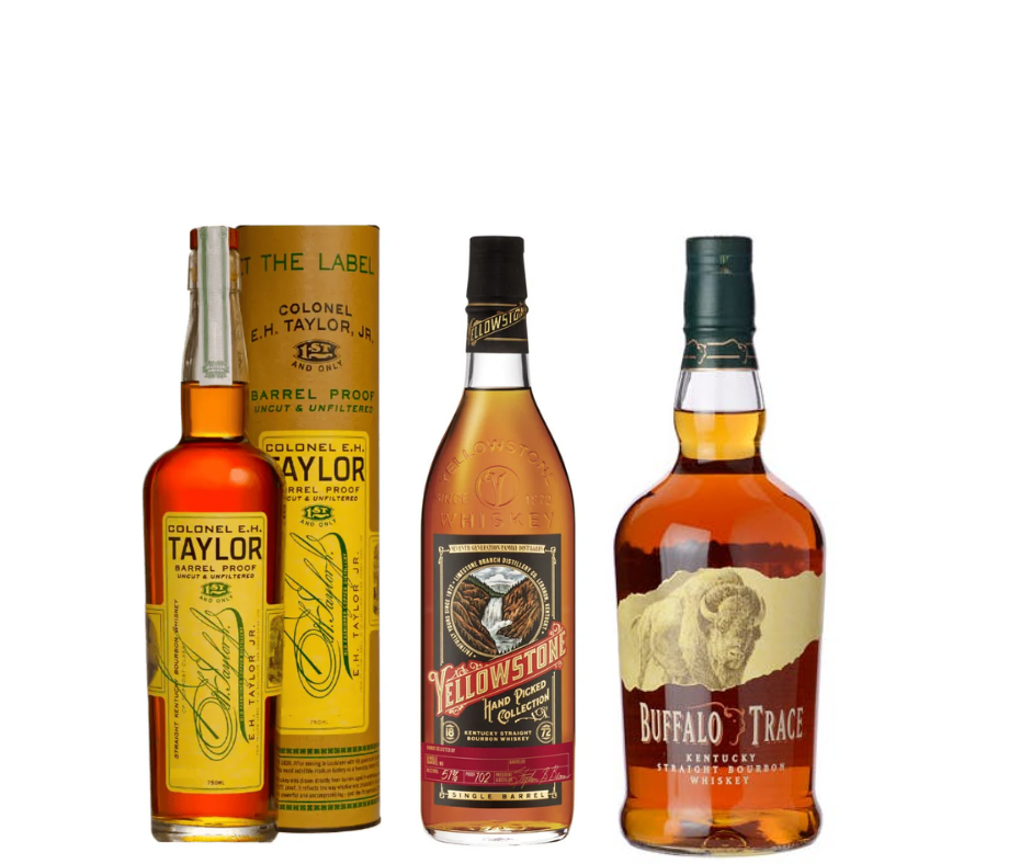 Eh Taylor Barrel Proof, Yellowstone Hand Pick, and Buffalo Trace Bundle ( 3Pack x 750ml).