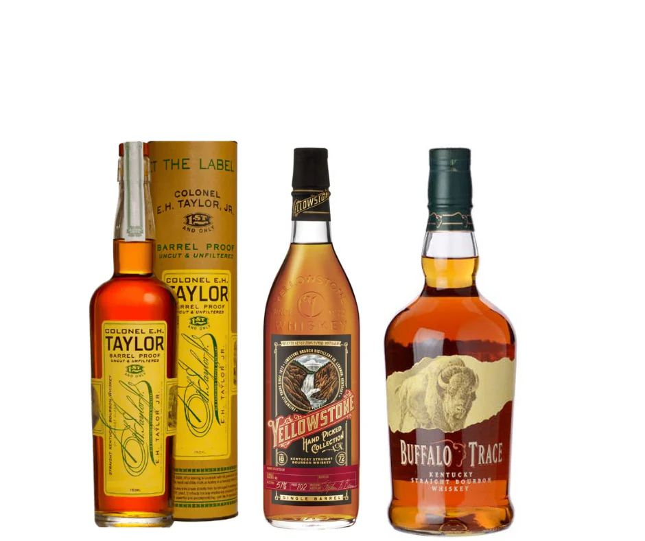 E.H. Taylor Barrel Proof, Yellowstone Hand Pick, and Buffalo Trace Bundle (3 x 750ml)