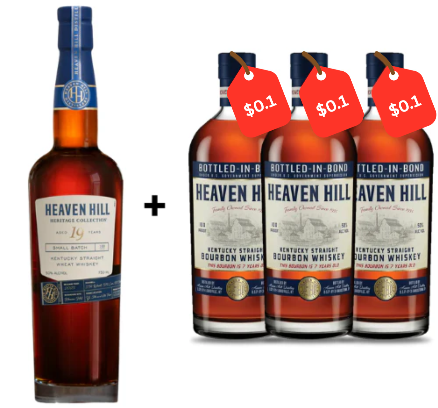 Heaven Hill Heritage Collection 19-Year Kentucky Straight Wheat Whiskey 750mL +  3 x Bottled-in-Bond 7-Year Discounted Bundle 750mL