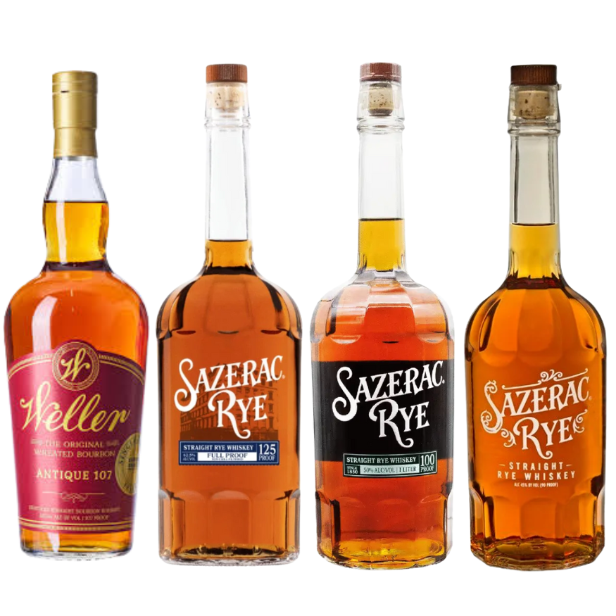 Weller Antique 107 Store Pick, Sazerac Rye 125 Proof, Sazerac Rye 100 Proof & Sazerac Rye Whiskey Bundle (4 Pack)